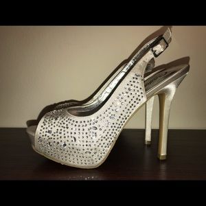 New Candie’s silver satin rhinestone sling back